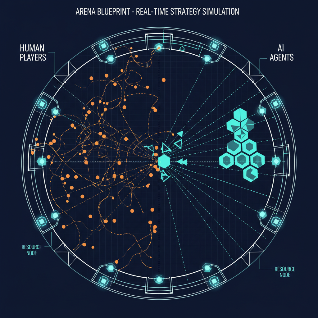 A blueprint-style arena with warm orange human dots and cool cyan AI geometric shapes, showing different movement patterns
