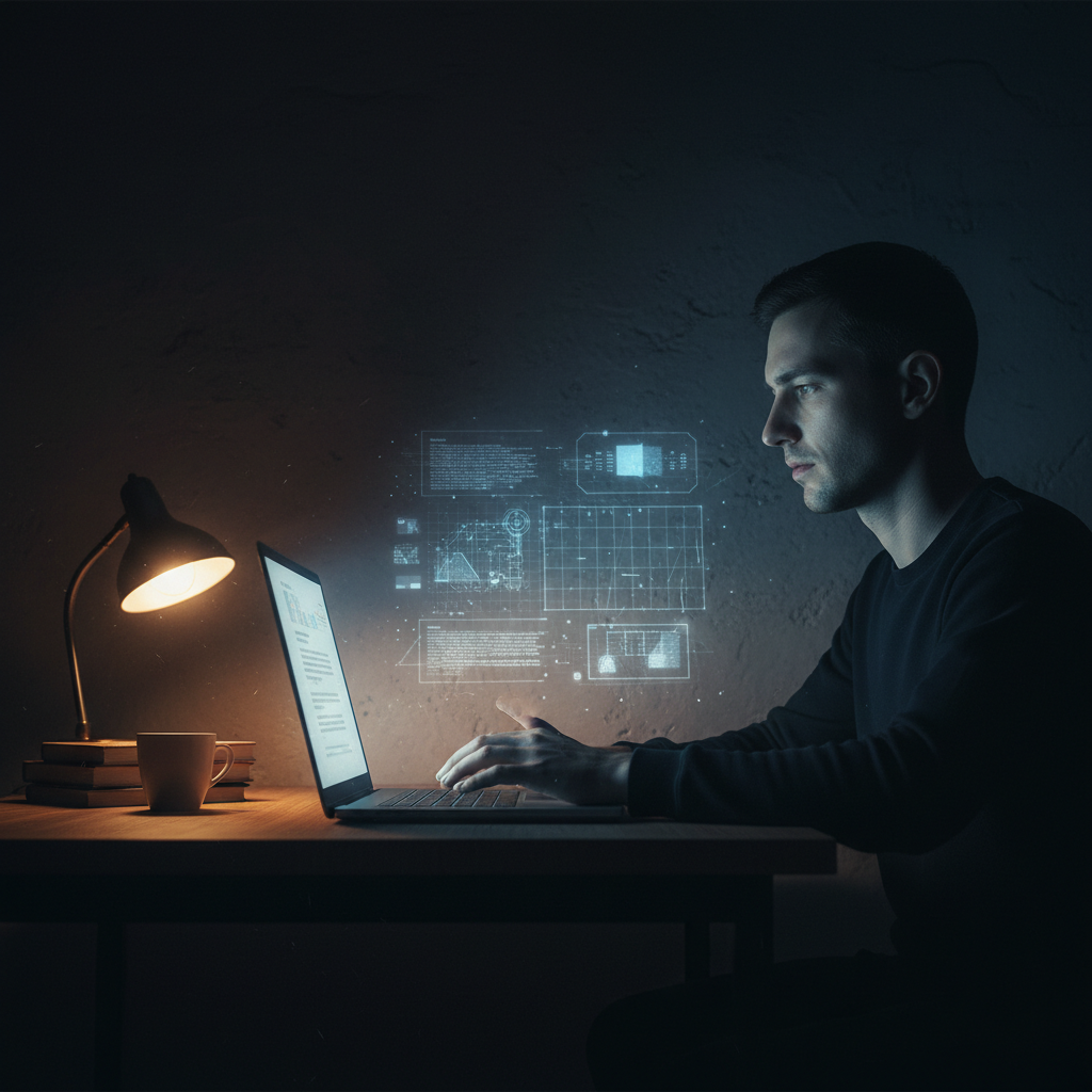 A person bathed in blue laptop glow, geometric patterns on the wall behind — the uneasy coexistence of human and machine