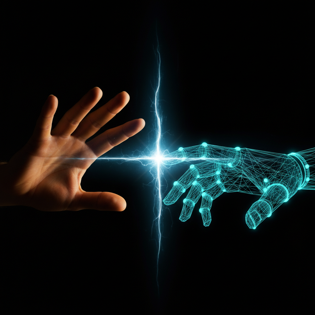 Two hands reaching toward each other — one human, one geometric wireframe — energy crackling at the boundary