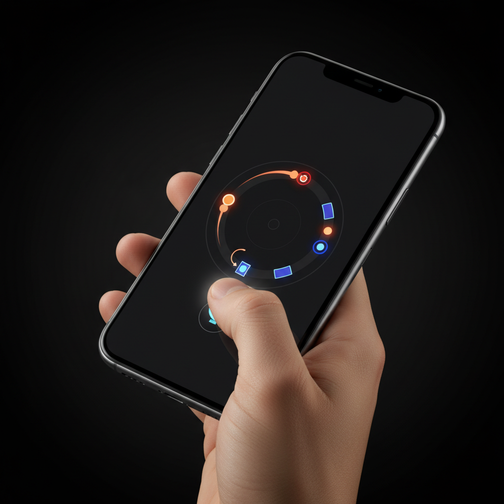 A smartphone held in one hand, screen showing a game with warm and cool elements — the primary battlefield